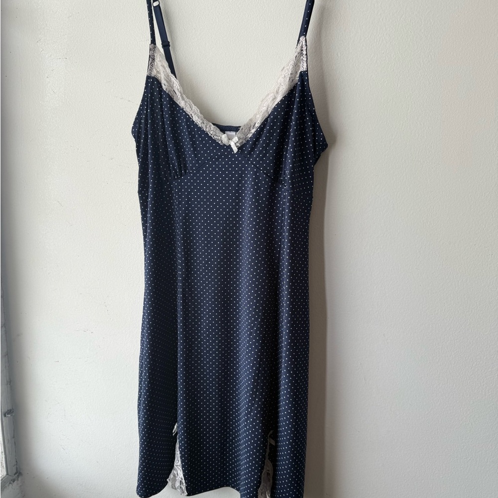 Navy Polka Dot Chemise with Lace by [Brand]